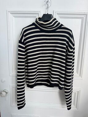 Theory Black & Cream Striped Wool Cashmere Turtleneck Sweater